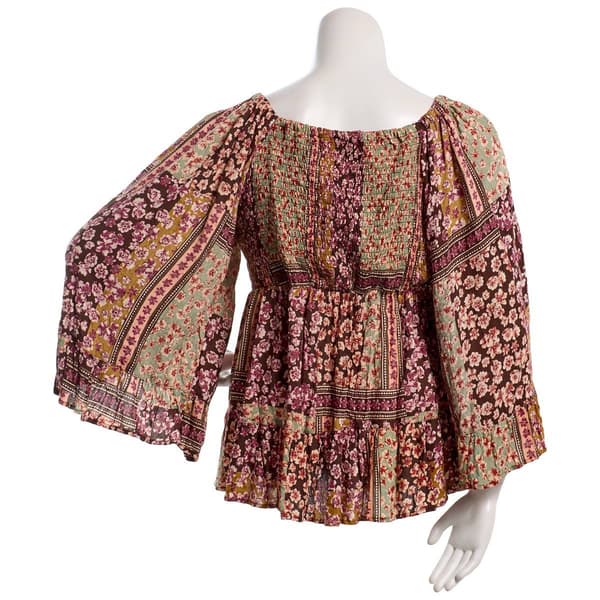 Juniors Plus Angie Floral V-Neck Smock Bodice Long Sleeve Top