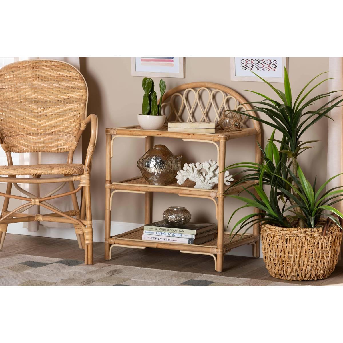 Baxton Studio Redell Bohemian Rattan 3-Tier Display Shelf