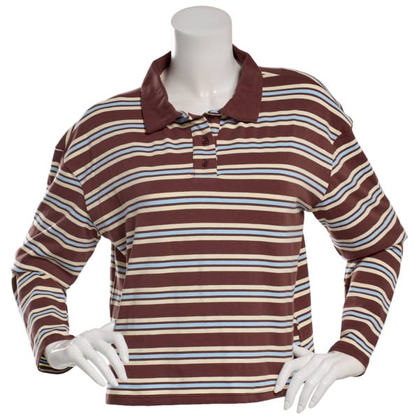 Juniors No Comment Long Sleeve Stripe Boxy Polo Pullover - image 