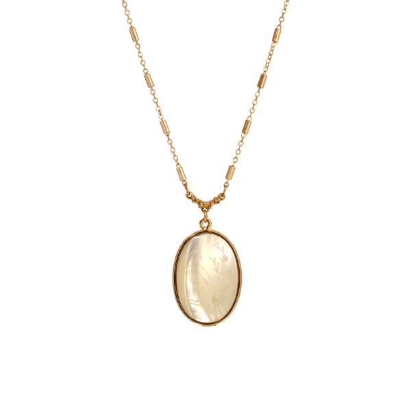 1928 Oval Flower & Bird Etched Mother of Pearl Pendant - image 