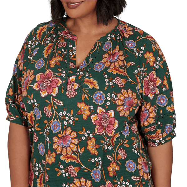 Plus Size Ruby Rd. Game of Luxe Elbow Sleeve Floral Vines Blouse