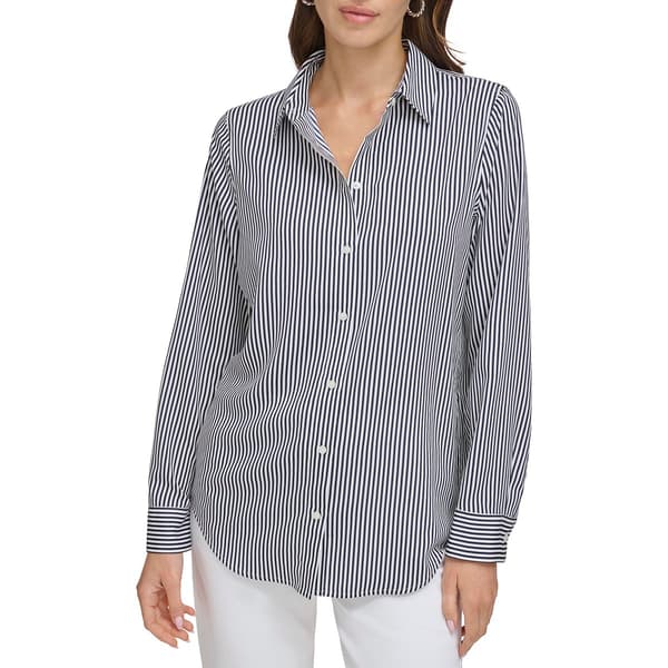 Womens DKNY Long Sleeve Stripe Button Front Top
