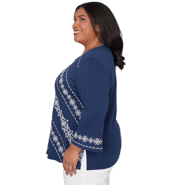 Plus Size Alfred Dunner Mykonos 3/4 Sleeve Diagonal Scroll Blouse