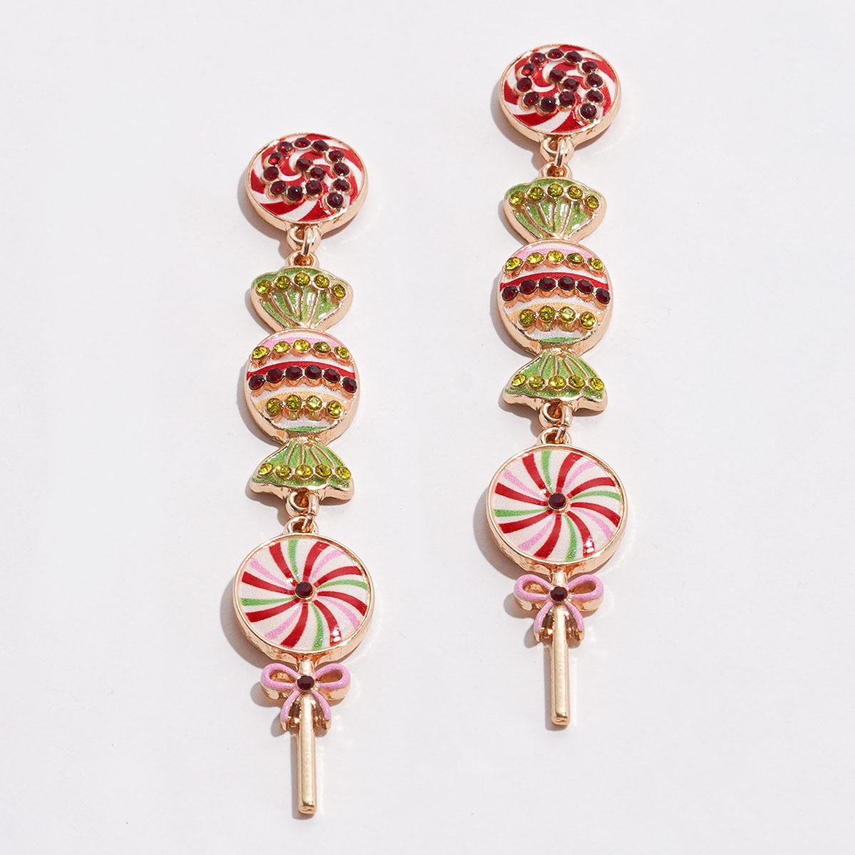 Gold-Tone Christmas Pink Cocktail w/ Peppermint Candy Earrings