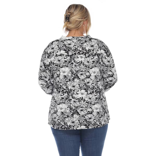 Plus Size White Mark Pleated Long Sleeve Floral Blouse