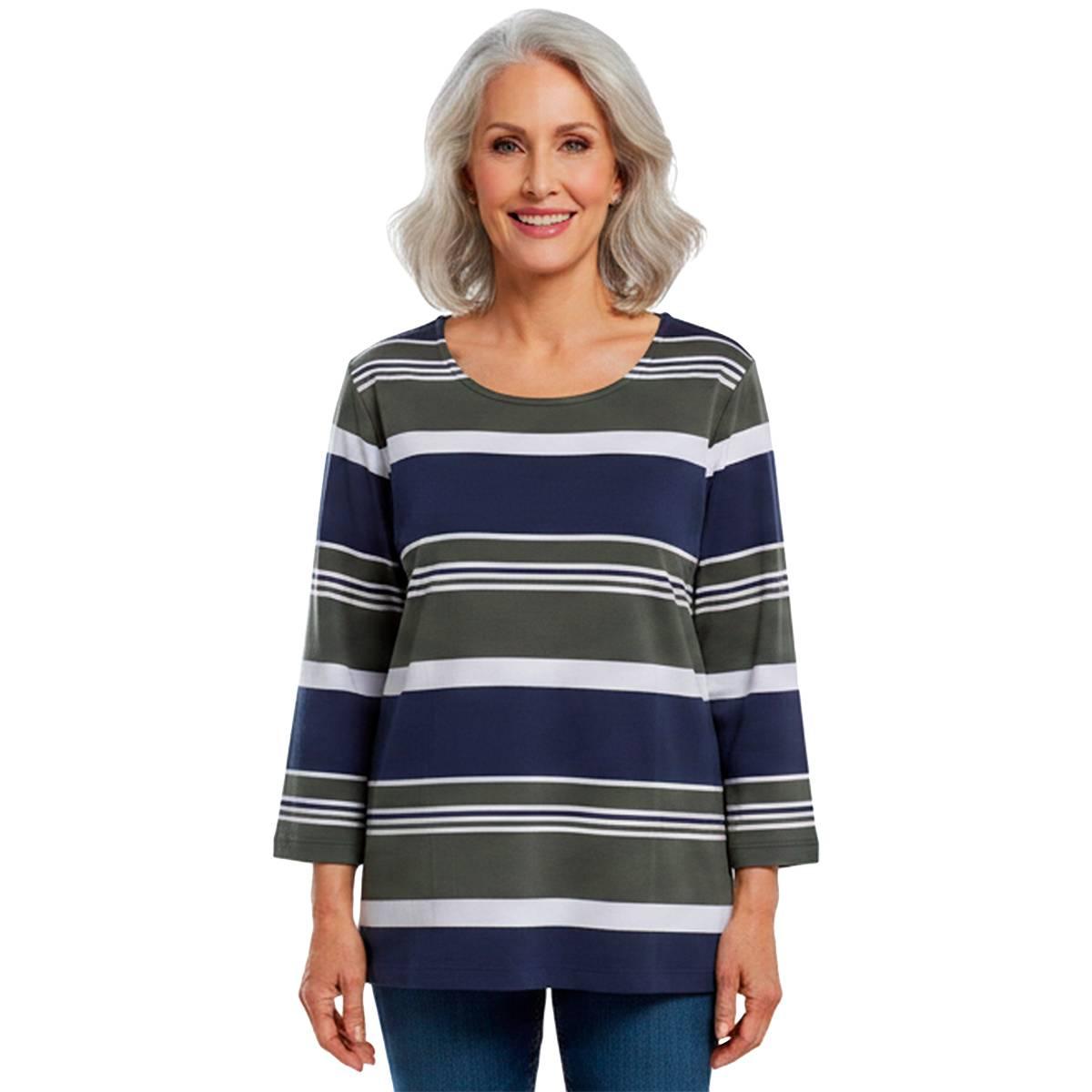 Petite Hasting & Smith 3/4 Sleeve Stripe Button Detail Tee