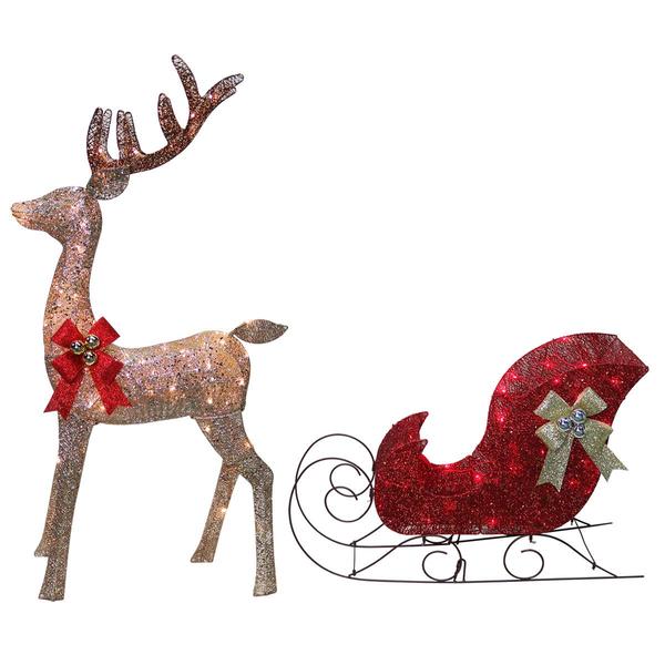 Set of 2 Pre Lit Glitter Buck & Sleigh - image 