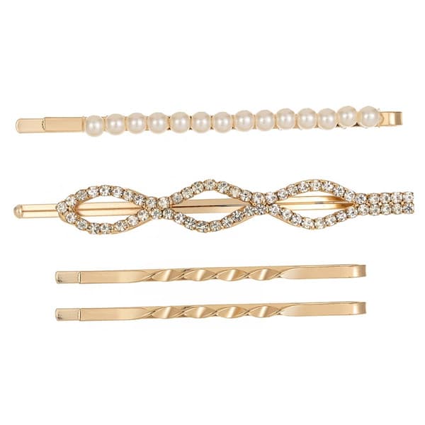 Roman Gold-Tone Wave/Pearl/CZ Hair Pins - Set of 4