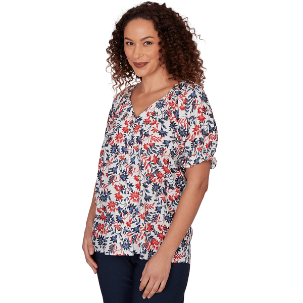 Petite Emaline Sapphire Serenade II Elbow Sleeve Floral Blouse