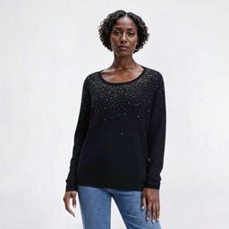 Womens Cable & Gauge Long Sleeve Rhinestone Round Neck Sweater