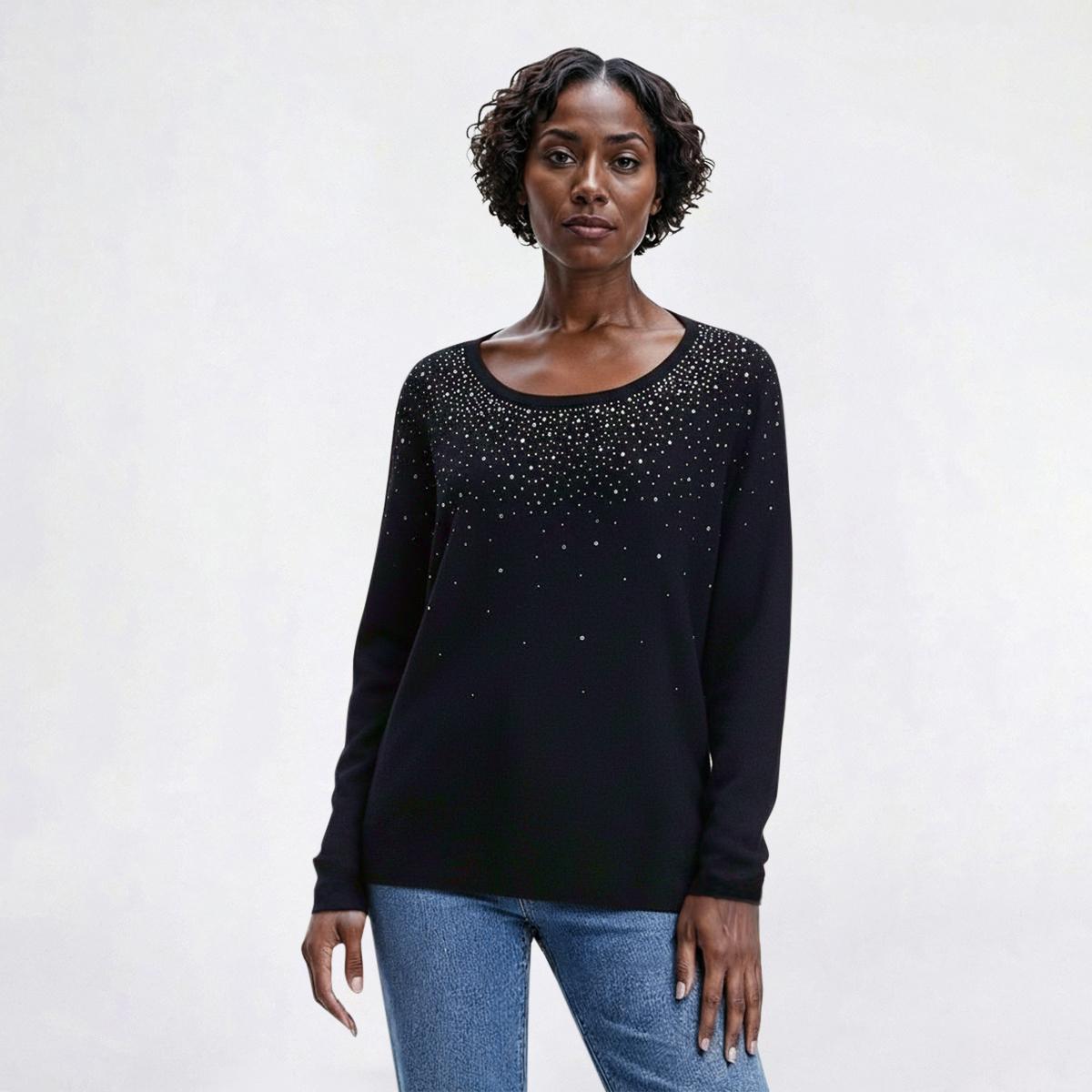 Womens Cable & Gauge Long Sleeve Rhinestone Round Neck Sweater