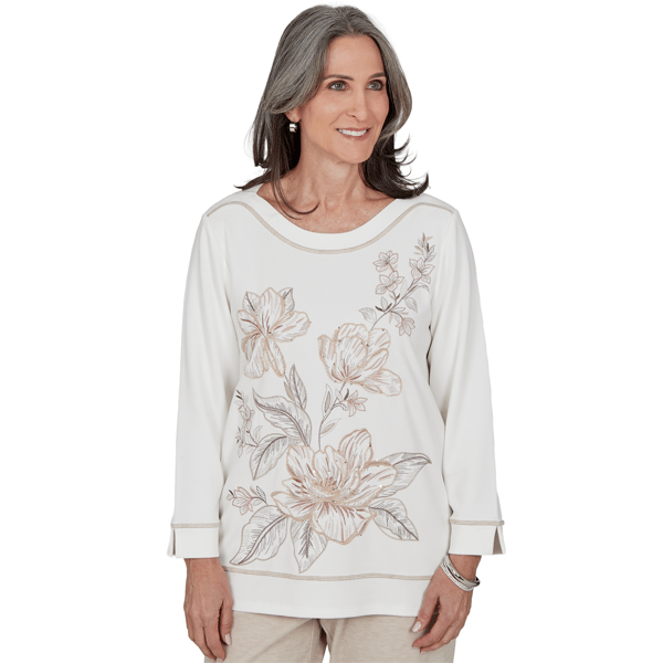 Petite Alfred Dunner Luxe Be A Lady Floral Embroidery Blouse - image 