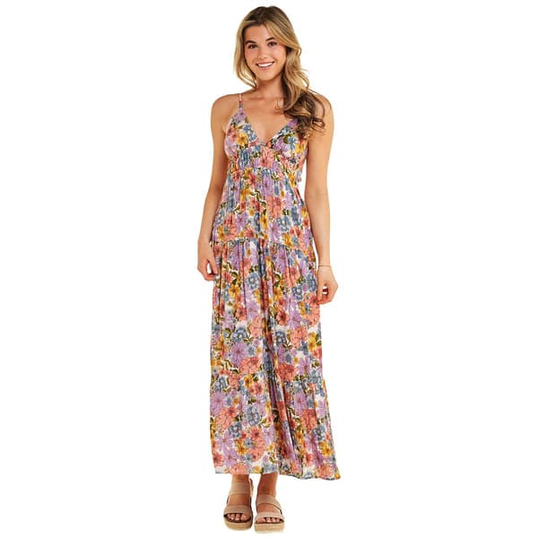 Juniors Angie Smocked Bodice V-Neck Floral Tier Maxi Dress