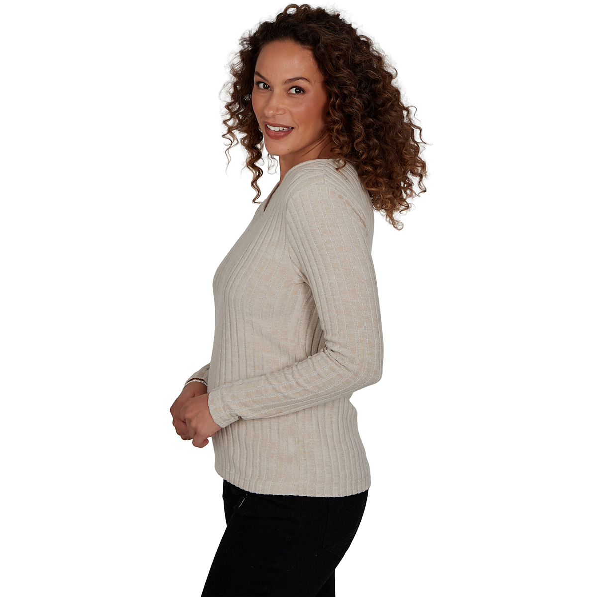 Womens Skye’s the Limit Champagne Holiday Rib Knit Sweater