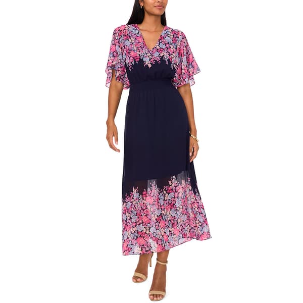 Petite MSK Flutter Sleeve V Neck Print Chiffon Maxi