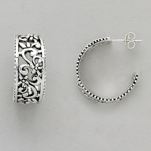 Marsala Antique Silver Plated Floral & Scroll Hoops - image 