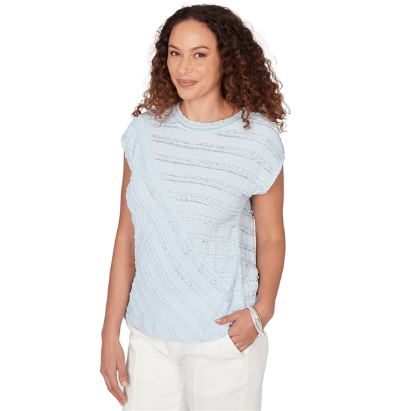 Womens Skye’s the Limit Sunny Blue Skies Ruffle Stripe Blouse