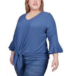 Plus Size NY Collection 3/4 Ruffle Cuff Sleeve Stripe Knit Blouse