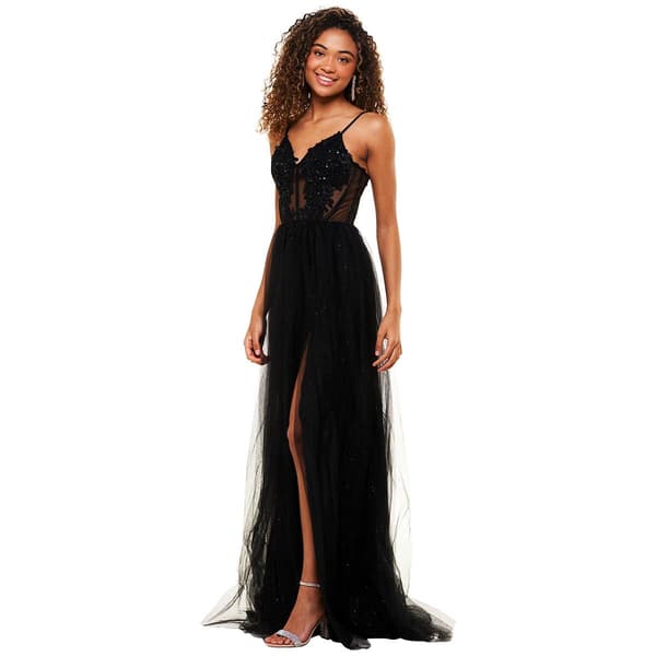 Juniors Crystal Doll Lace Ilusion Mesh A-Line Dress