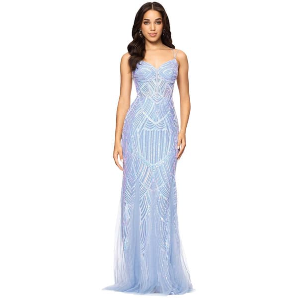 Juniors Blondie Nites Sequin Corset Mesh Godet Sheath Dress - image 