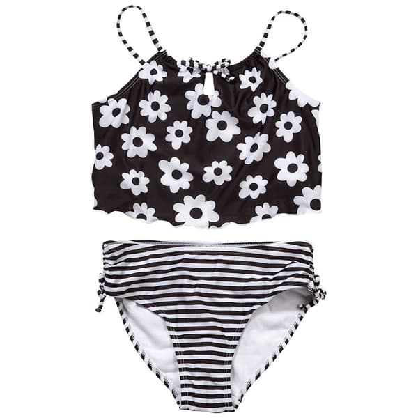 Girls (7-16) Breaking Waves 2pc. Flower & Stripe Swim Set