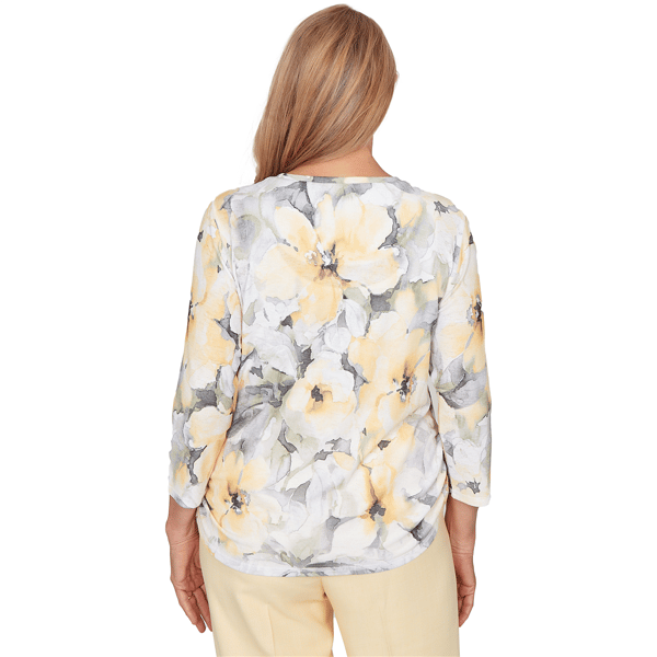 Petite Alfred Dunner Al Fresco Watercolor Floral Ruched Blouse