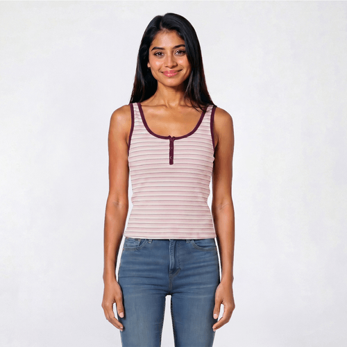Juniors Pink Rose Striped Henley Long Tank Top - Stripes - image 