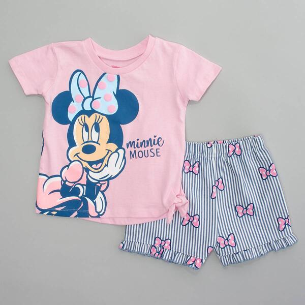 Baby Girl &#40;12-24M&#41; Disney Minnie Top & Stripe Bow Shorts Set - image 