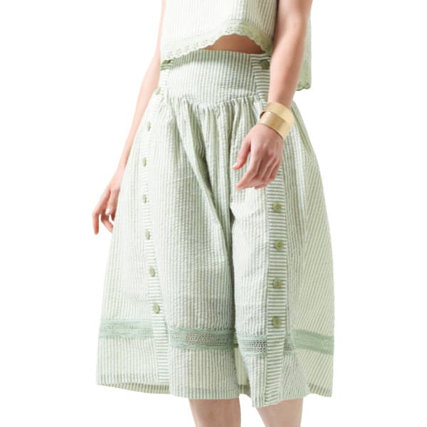 Womens MNK Seersucker Sailor Button Stripe Flared Midi Skirt