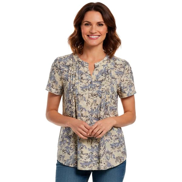 Womens Notations Short Sleeve Floral Split Neck Pleated Blouse - image 