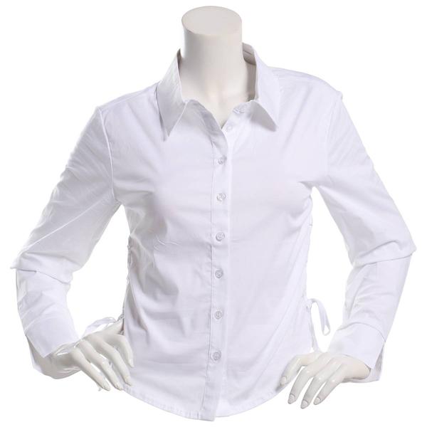 Juniors No Comment Long Sleeve Poplin Button Front Top - White