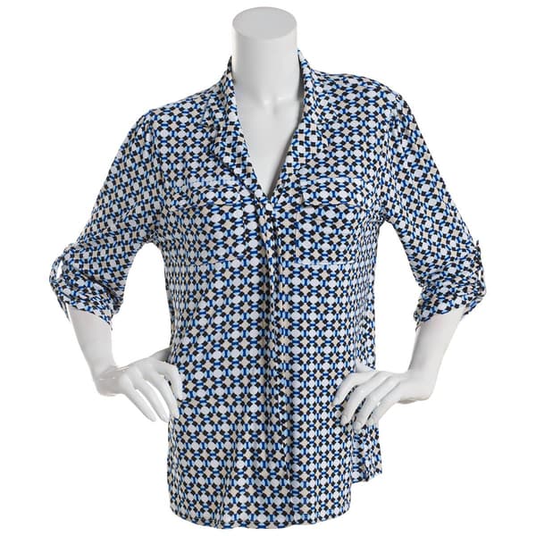 Womens Notations 3/4 Sleeve Geo Casual Button Down