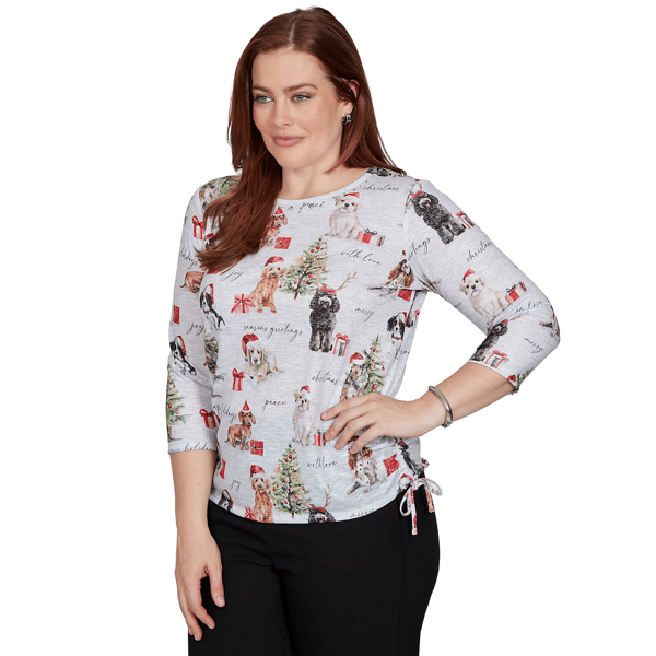 Petite Alfred Dunner Classics 3/4 Sleeve Gift Giving Dogs Tee
