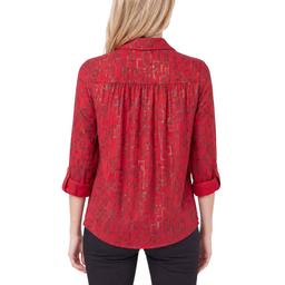 Womens NY Collection Elbow Sleeve Foil Geo Casual Button Down