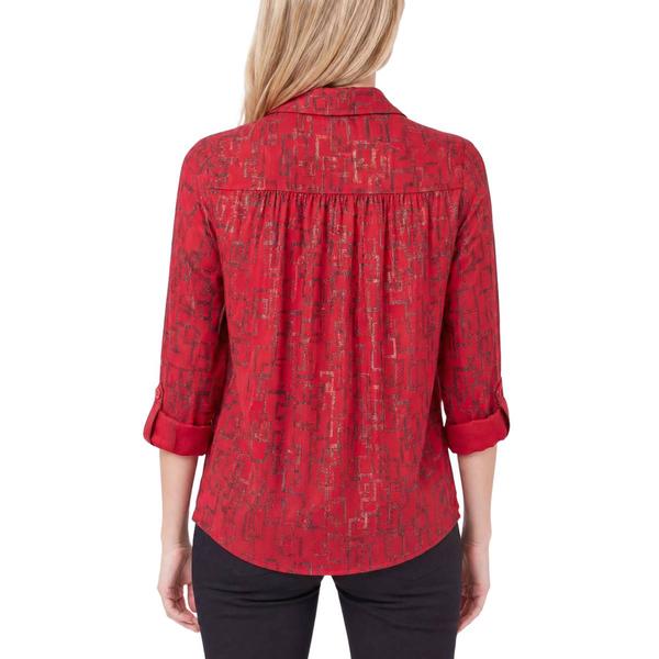 Womens NY Collection Elbow Sleeve Foil Geo Casual Button Down