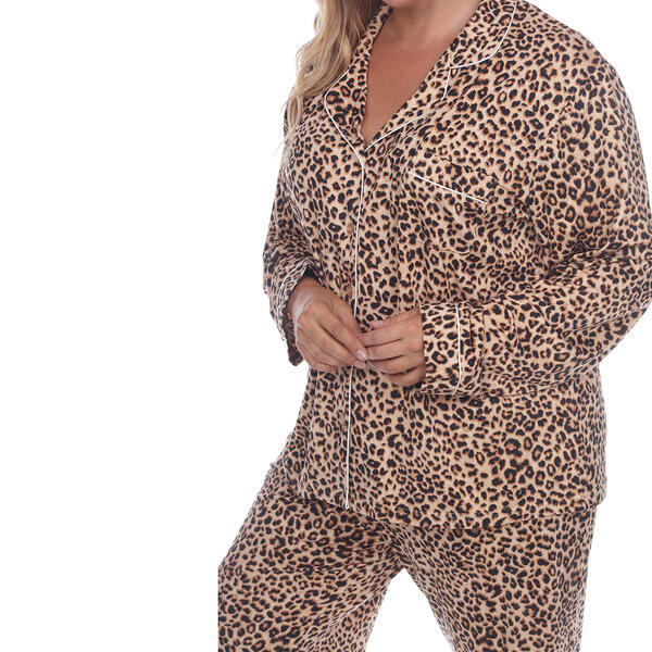 Plus Size White Mark Leopard Long Sleeve Pajama Set