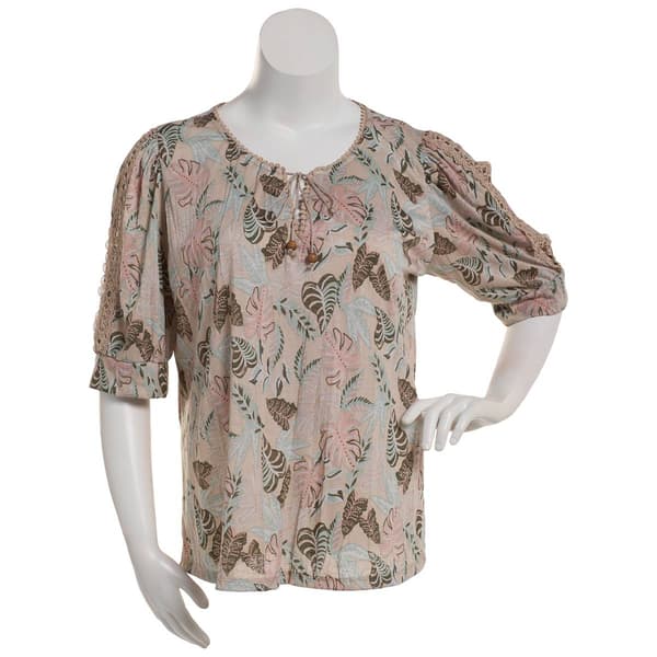 Plus Size One Step Up Elbow Sleeve Tie Neck Crochet Trim Twst Sl