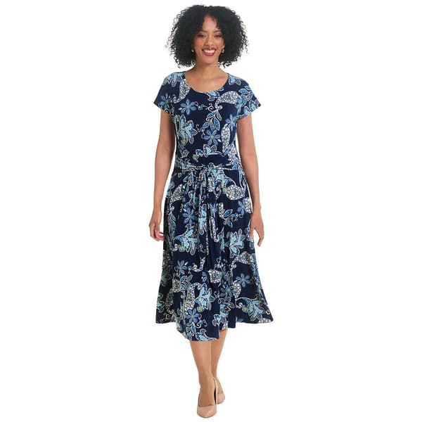 Womens Robbie Bee Short Sleeve Paisley Tie Waist A-Line Dress - image 