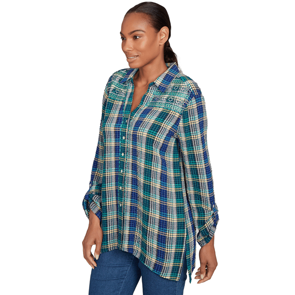 Petite Ruby Rd. Fall Flair Roll Tab Embroidery Plaid Blouse