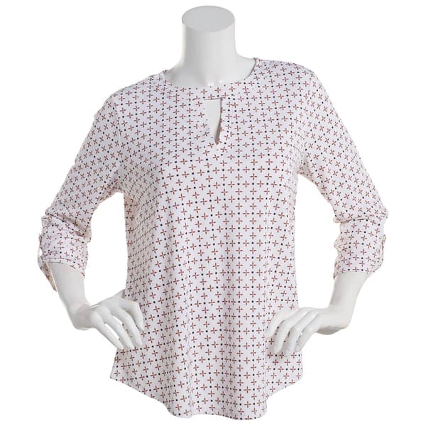 Petite Cure 3/4 Sleeve Roll Tab Geometric Crepe Blouse