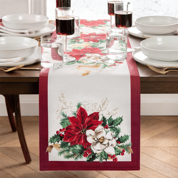 Threadmade Poinsettia Garlands Engineered Table Runner