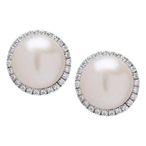 Sterling Silver Halo Pearl Stud Earrings - image 