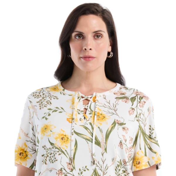 Plus Size Rafaella® Short Sleeve Garden Floral Lace Up Blouse