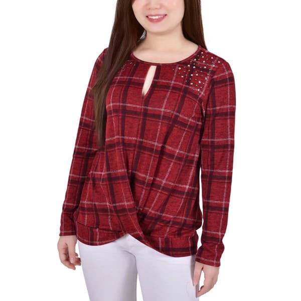 Petite NY Collection Plaid Long Sleeve Keyhole Hacci Top - Red