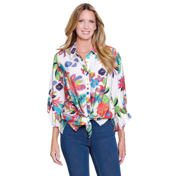 Petites Multiples 3/4 Flounce Sleeve Button Front Placed Floral - image 
