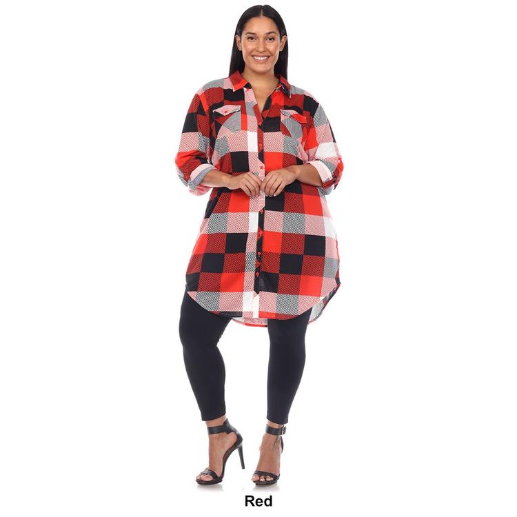 Plus Size White Mark Long Sleeve Roll Cuff Plaid Shirt Dress