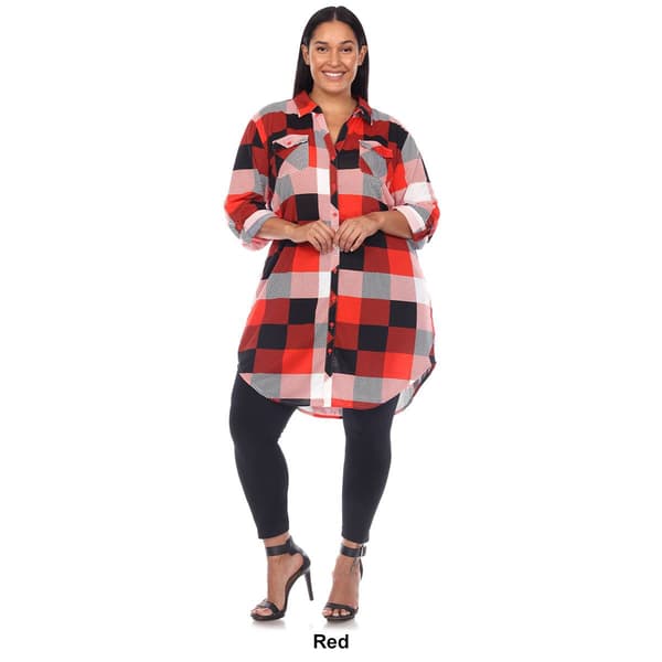 Plus Size White Mark Long Sleeve Roll Cuff Plaid Shirt Dress