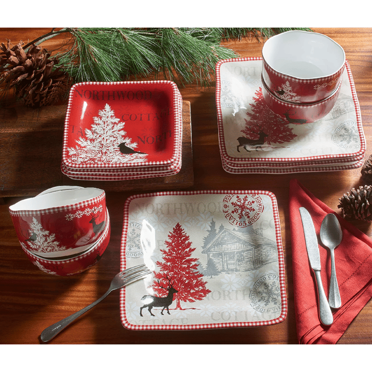 222 Fifth Northwood Cottage Holiday 12pc Porcelain Dinnerware Set