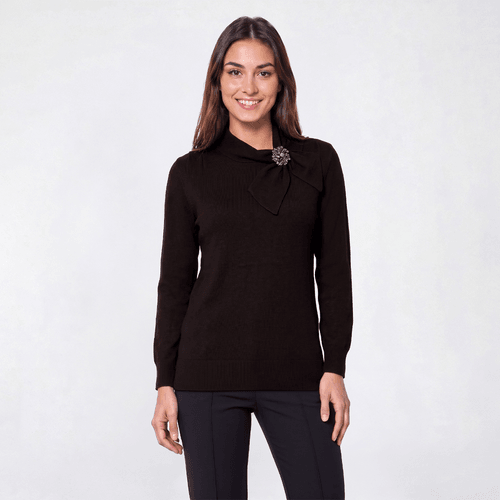Womens Kasper Long Sleeve Mock Neck Tie Brooch Sweater - image 