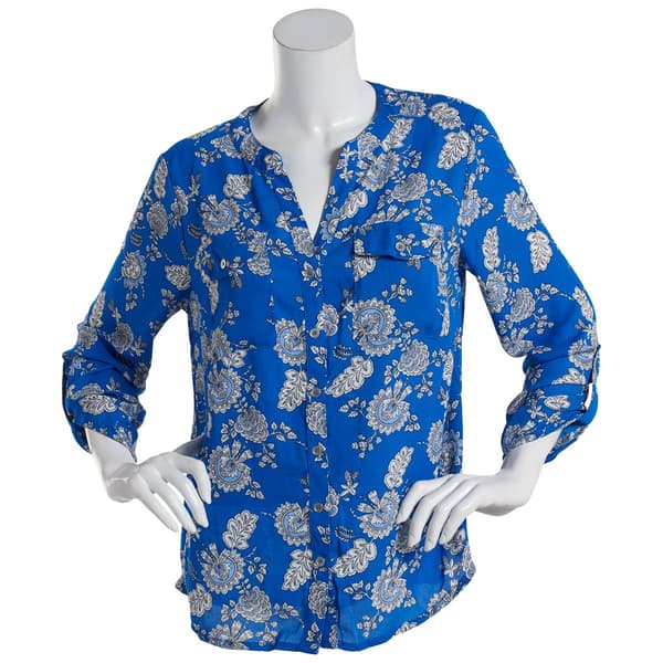 Womens Notations 3/4 Sleeve Button Front Blue Shell No Collar Top